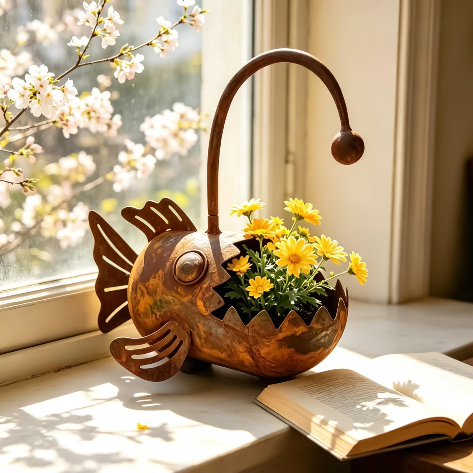 Vertical Wall Planter - مزهرية معدنية ريفية بتصميم سمكة مضحكة،